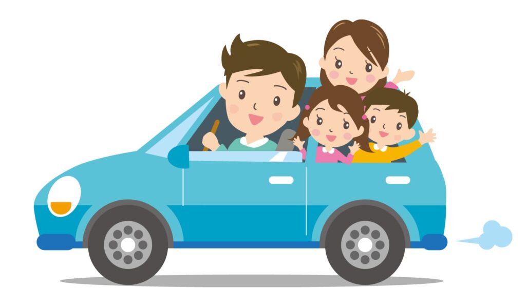 家族でドライブをしている車のイラスト