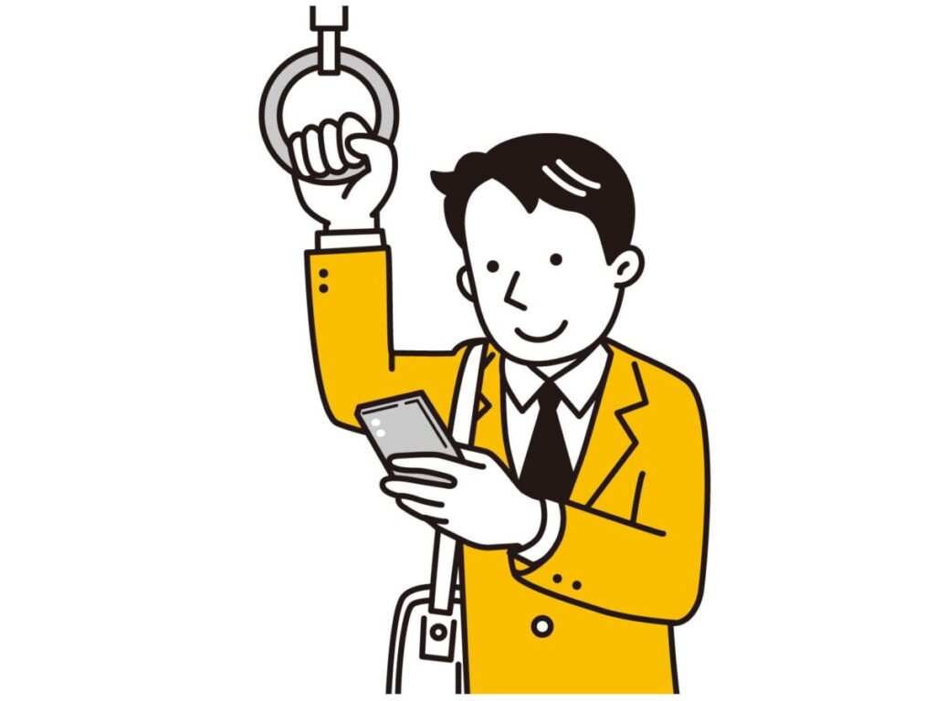通勤中スマホをみているイラスト