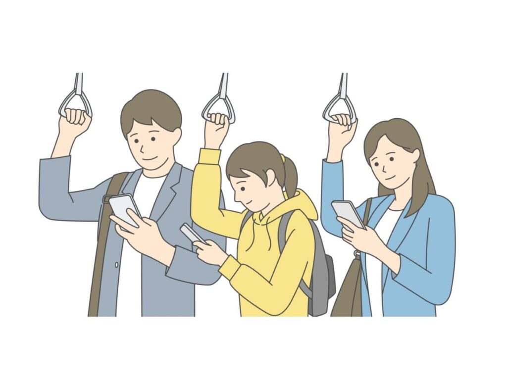 通勤中スマホをみているイラスト